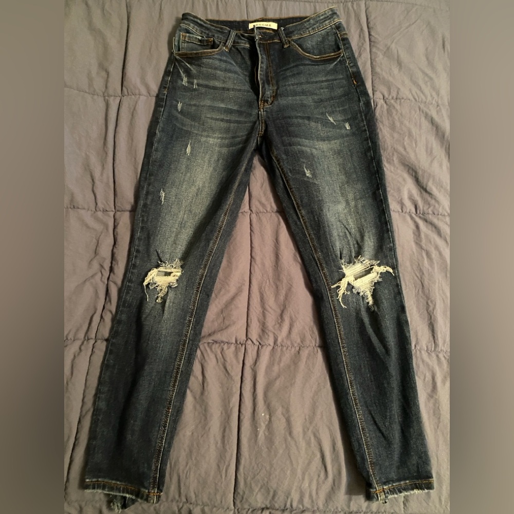 Pink Lily Distressed Dark Blue Ankle Jeans